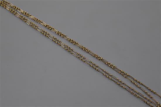 An early 20th century 9ct gold guard chain, 144cm.